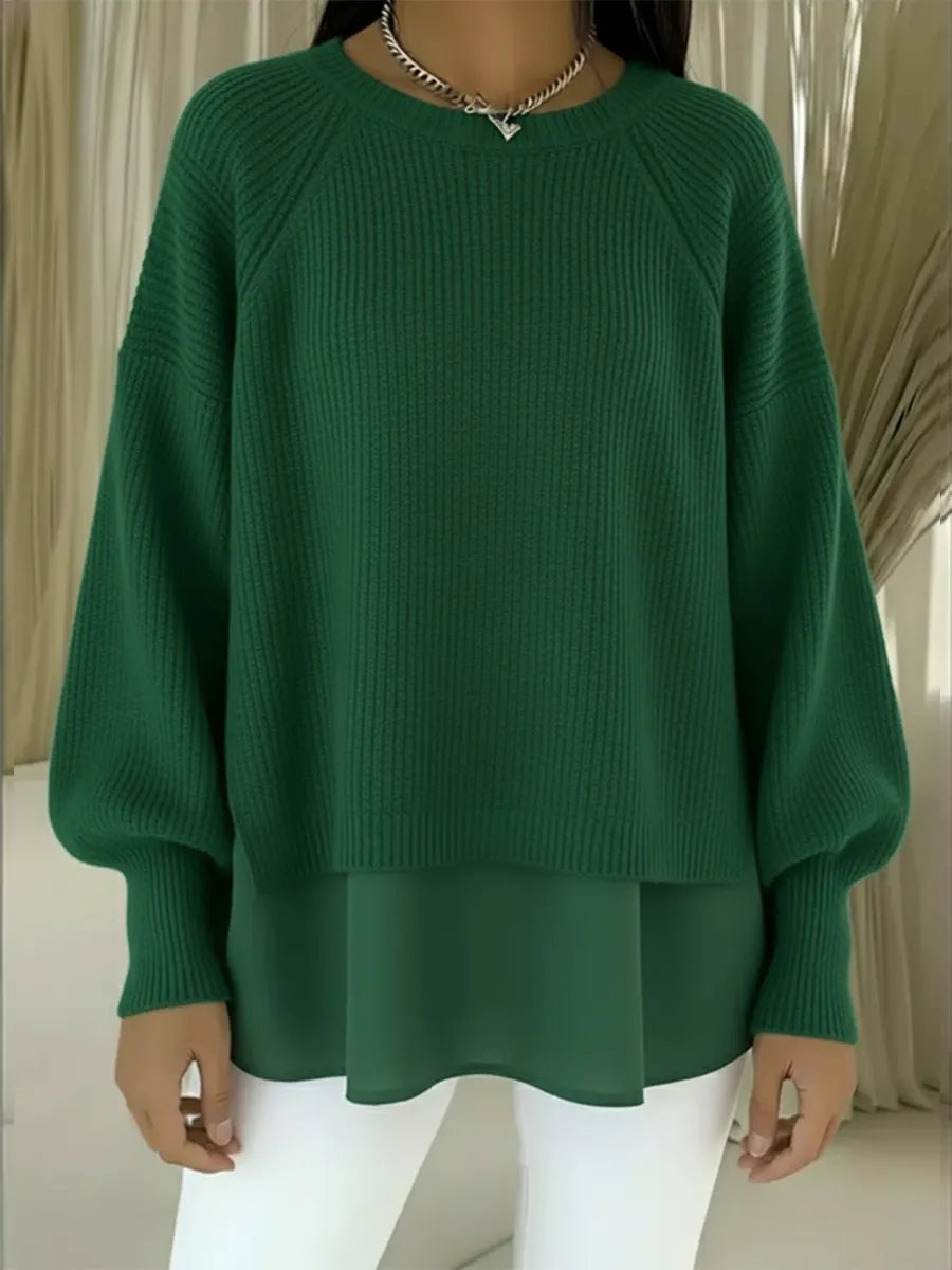 CLEARANCE SALE🔥 Women's Comfortable Patchwork Faux Two-piece Lantern Sleeve Sweater