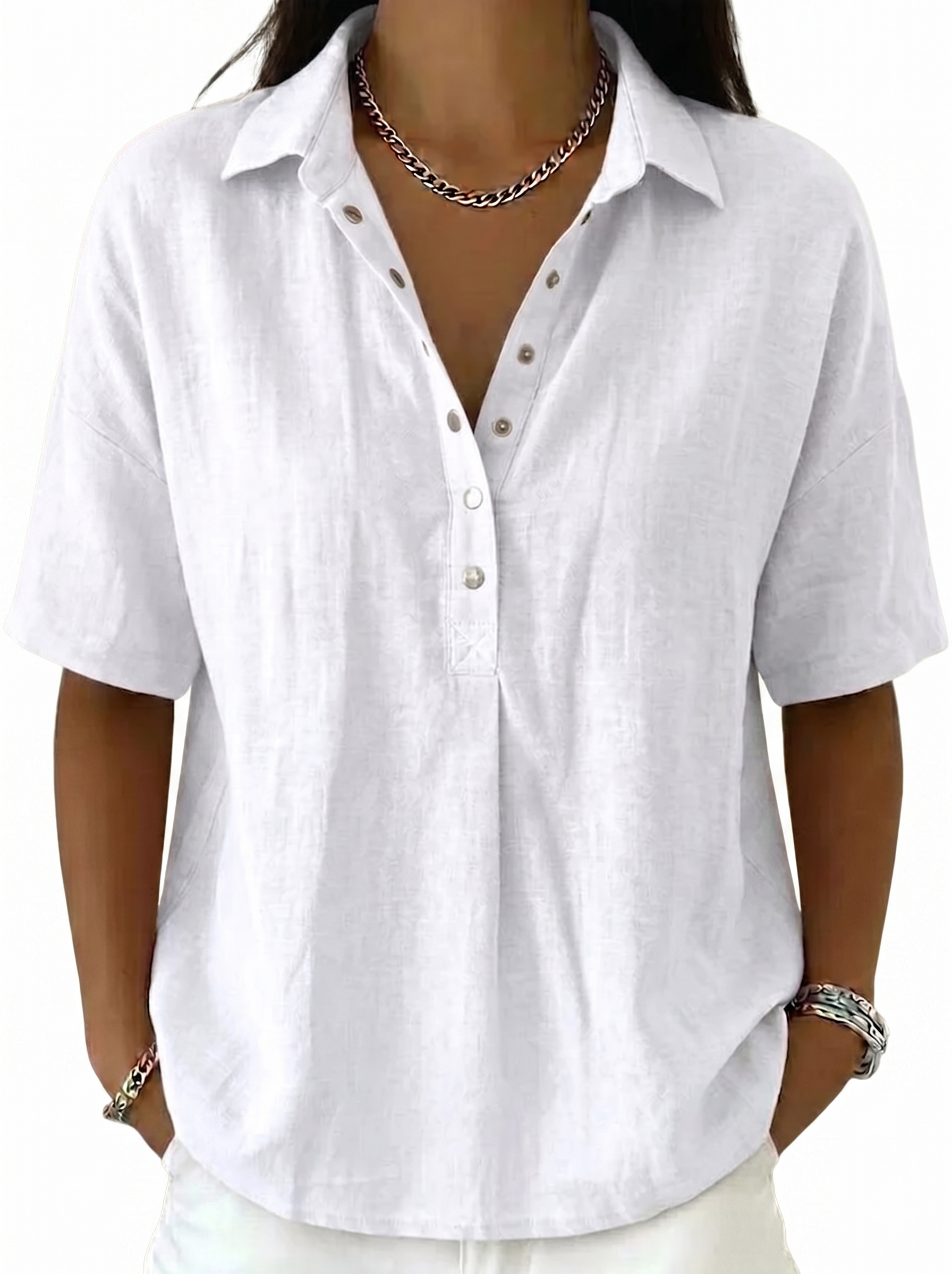 Women's Classic Linen Shirt Collar Short Sleeve Shirt T Shirts