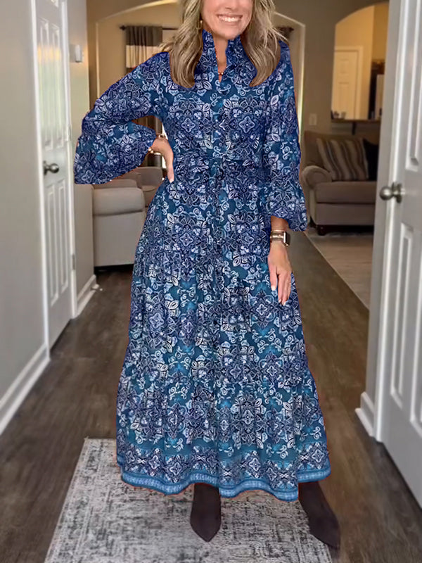 NEW🔥 Vintage Printed Long Sleeve Dress with Tie Belt