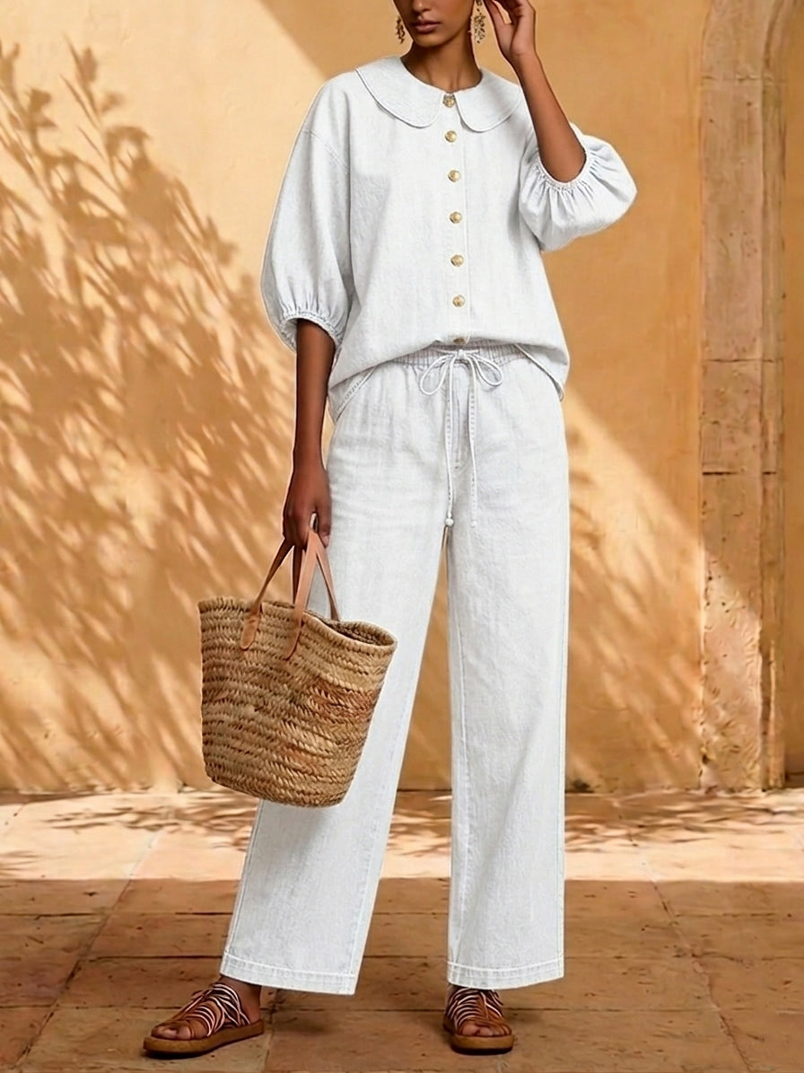 New Arrivals🔥 Stylish Peter Pan Collar Shirt and Wide-leg Pant Denim Two-piece Set