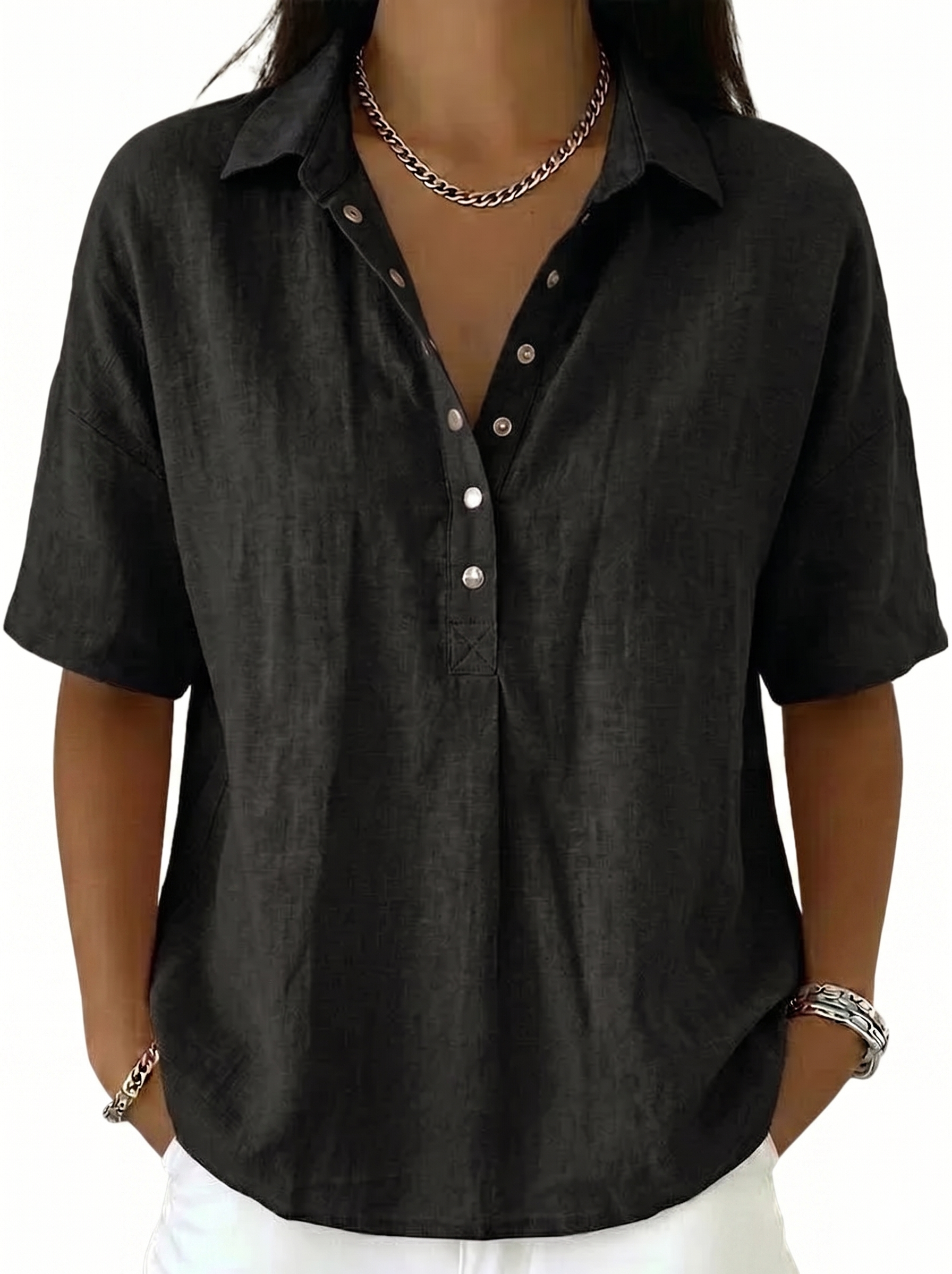 Women's Classic Linen Shirt Collar Short Sleeve Shirt T Shirts