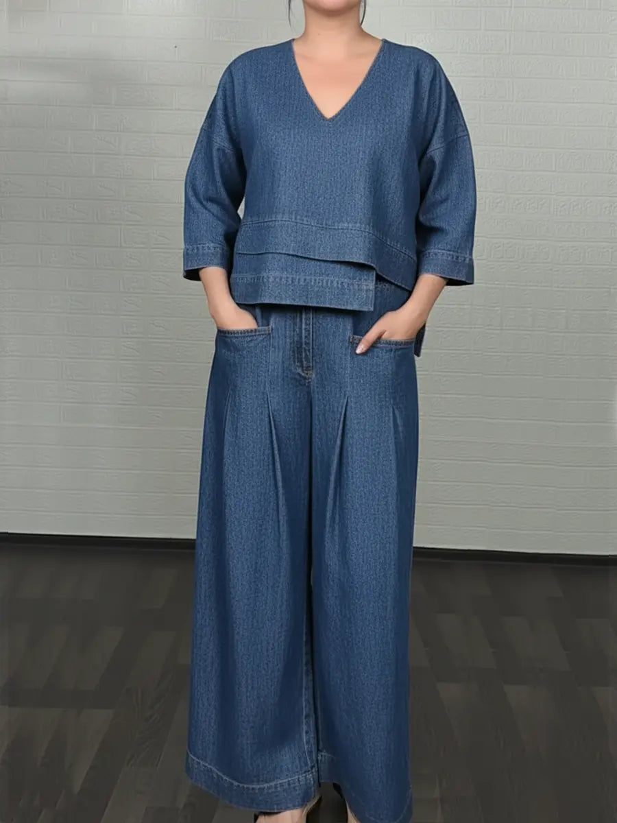 New Arrivals🔥 Women's Casual Denim Cotton Top and Pants Two-piece Set