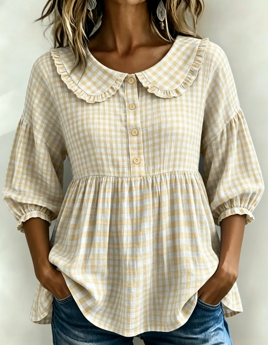Women's Puff Sleeve Peplum Gingham Blouse