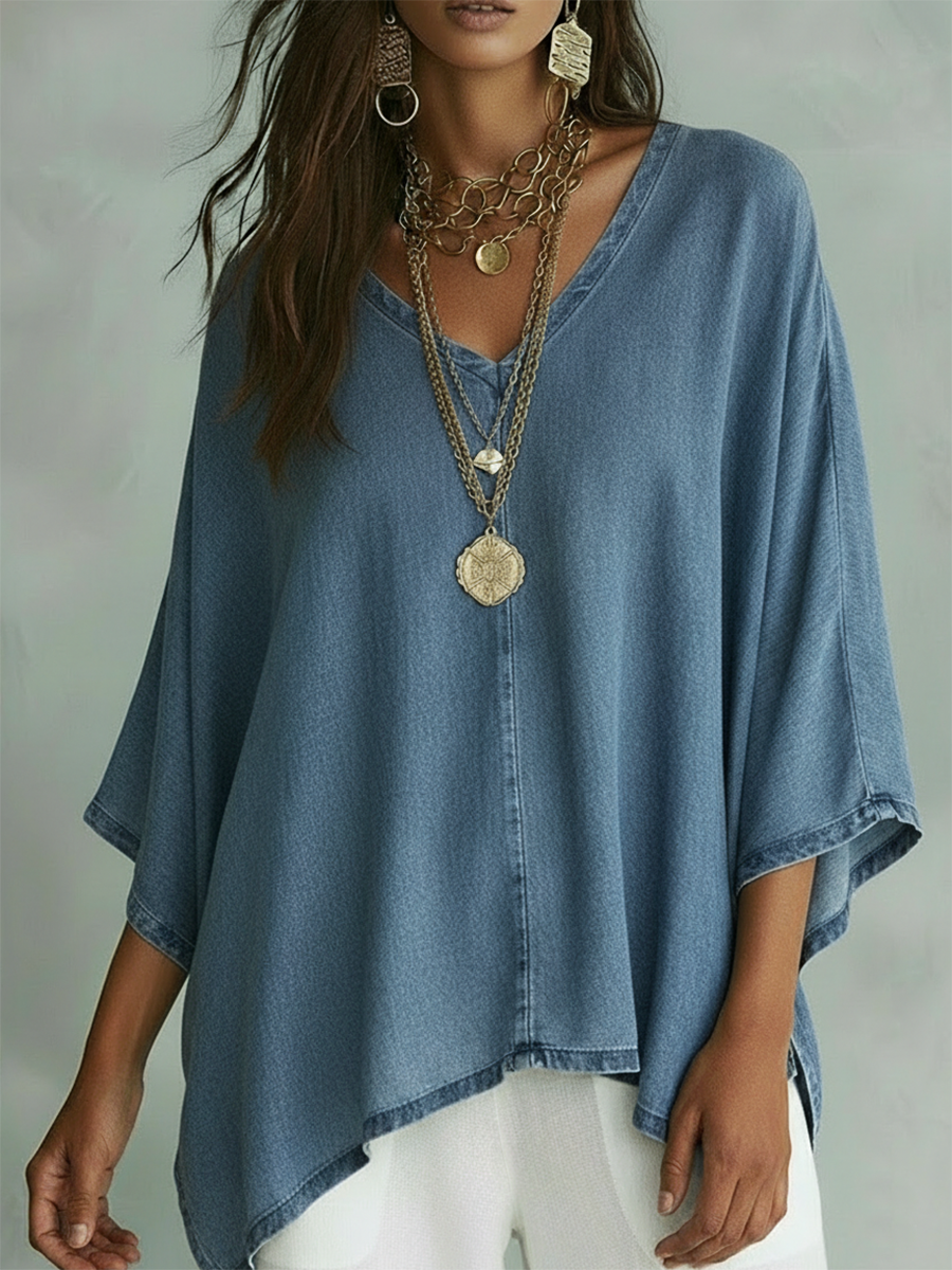 Loose-Fit V-Neck Denim Top – Loose Fit & Plus-Size Friendly
