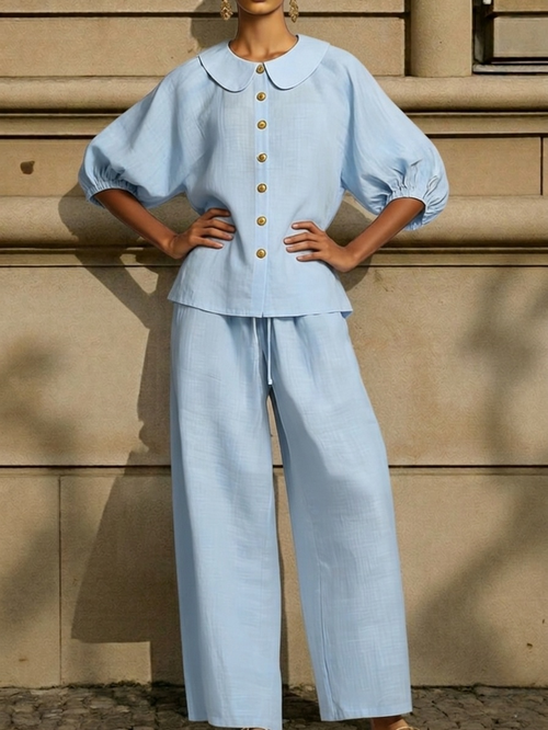 Clearance Sale🔥 Stylish Peter Pan Collar Shirt And Wide-leg Pant Linen Two-piece Set