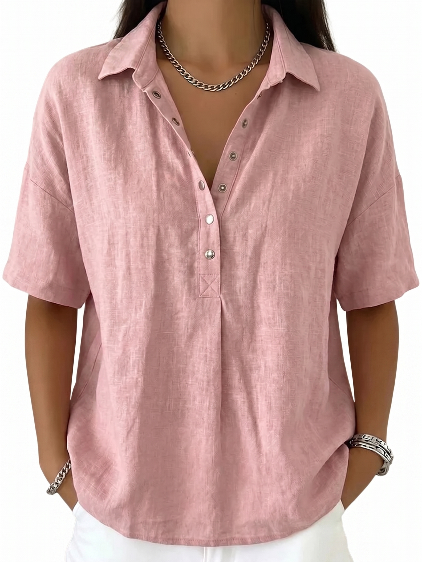 Women's Classic Linen Shirt Collar Short Sleeve Shirt T Shirts