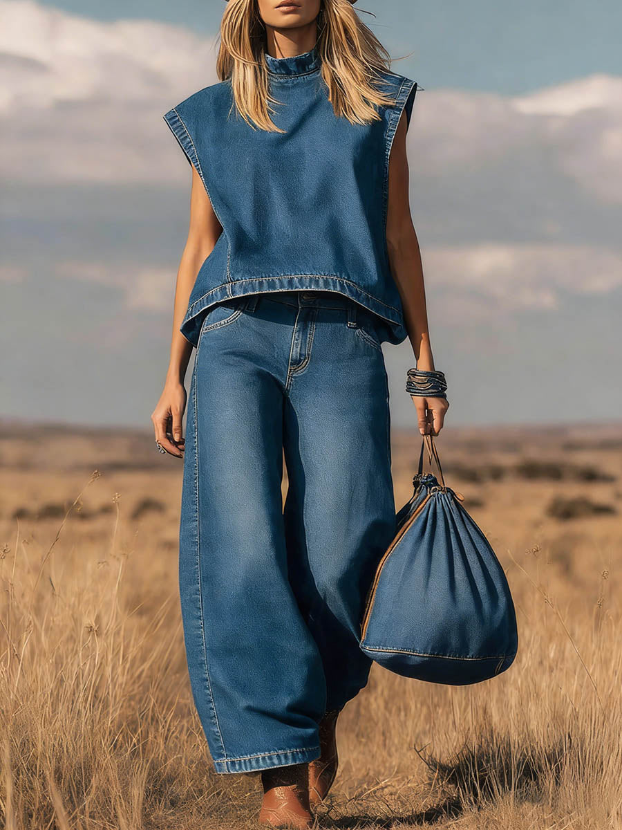 New Arrivals🔥 Women's Stand Collar Sleeveless Casual Loose Top and High Waisted Loose Wide Leg Denim Pants Set