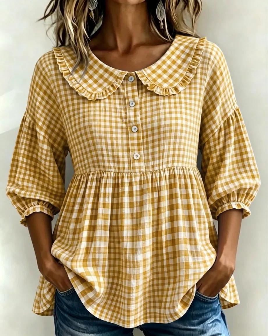 Women's Puff Sleeve Peplum Gingham Blouse