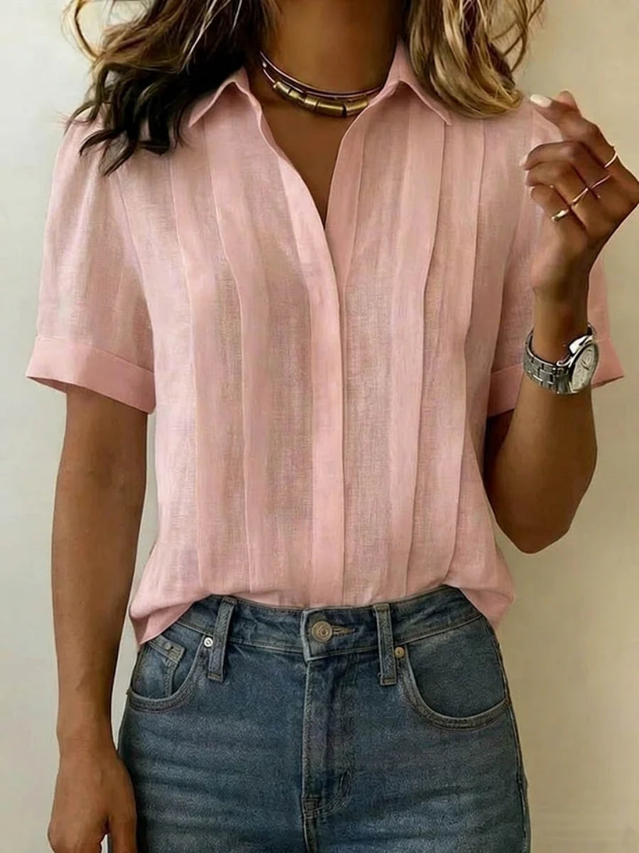 Clearance Sale🔥 Women's Lapel Short-sleeved Casual Loose Pleated Cotton And Linen Shirt T Shirts