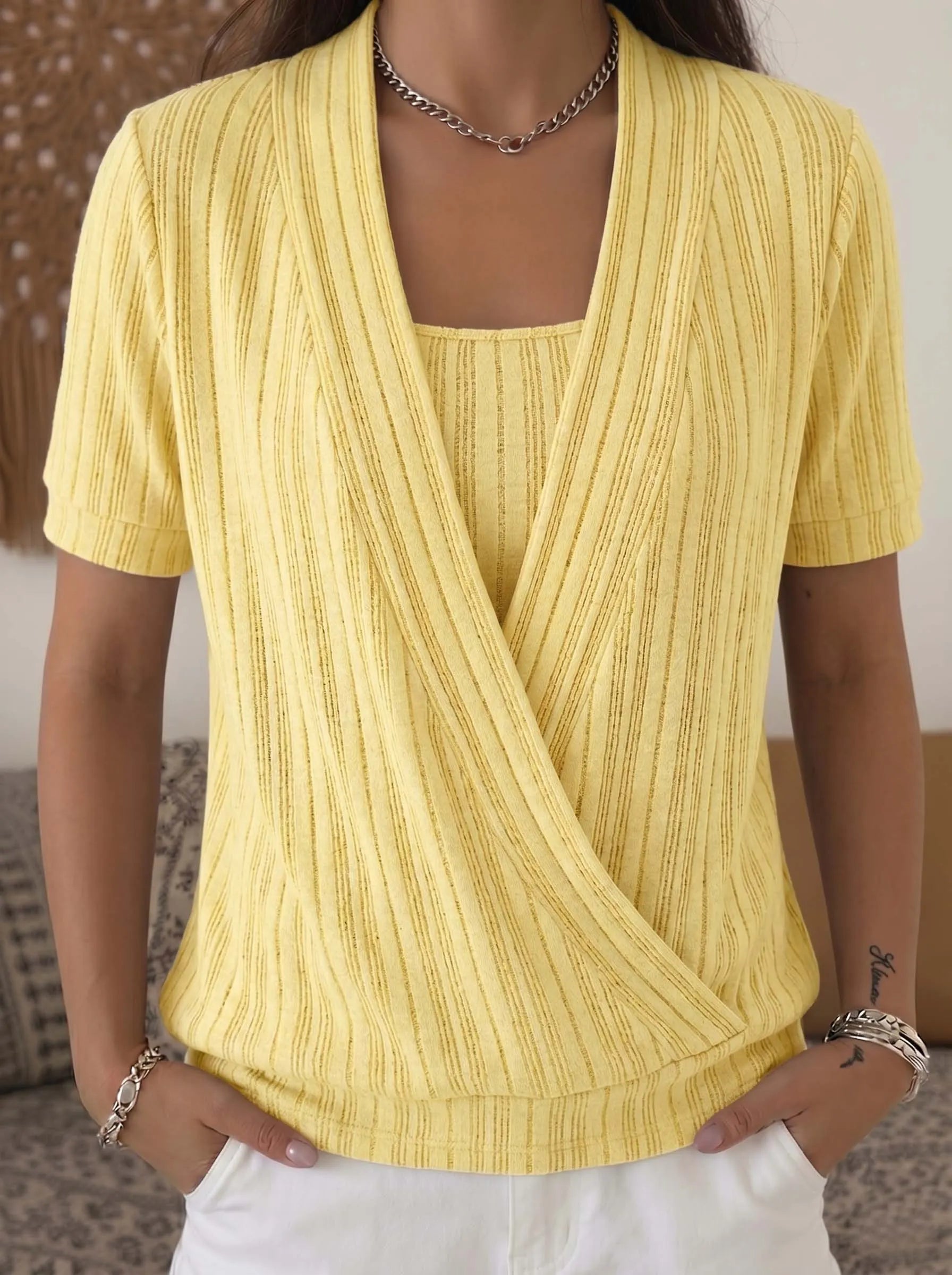 🌊 Fashion Striped Waffle Crossover Textured Knit Top