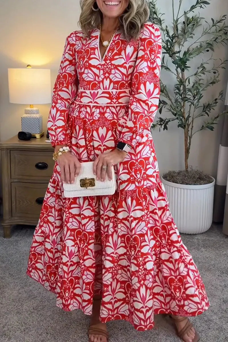 NEW🔥 Spring Long Sleeve V Neck Printed Party Dress