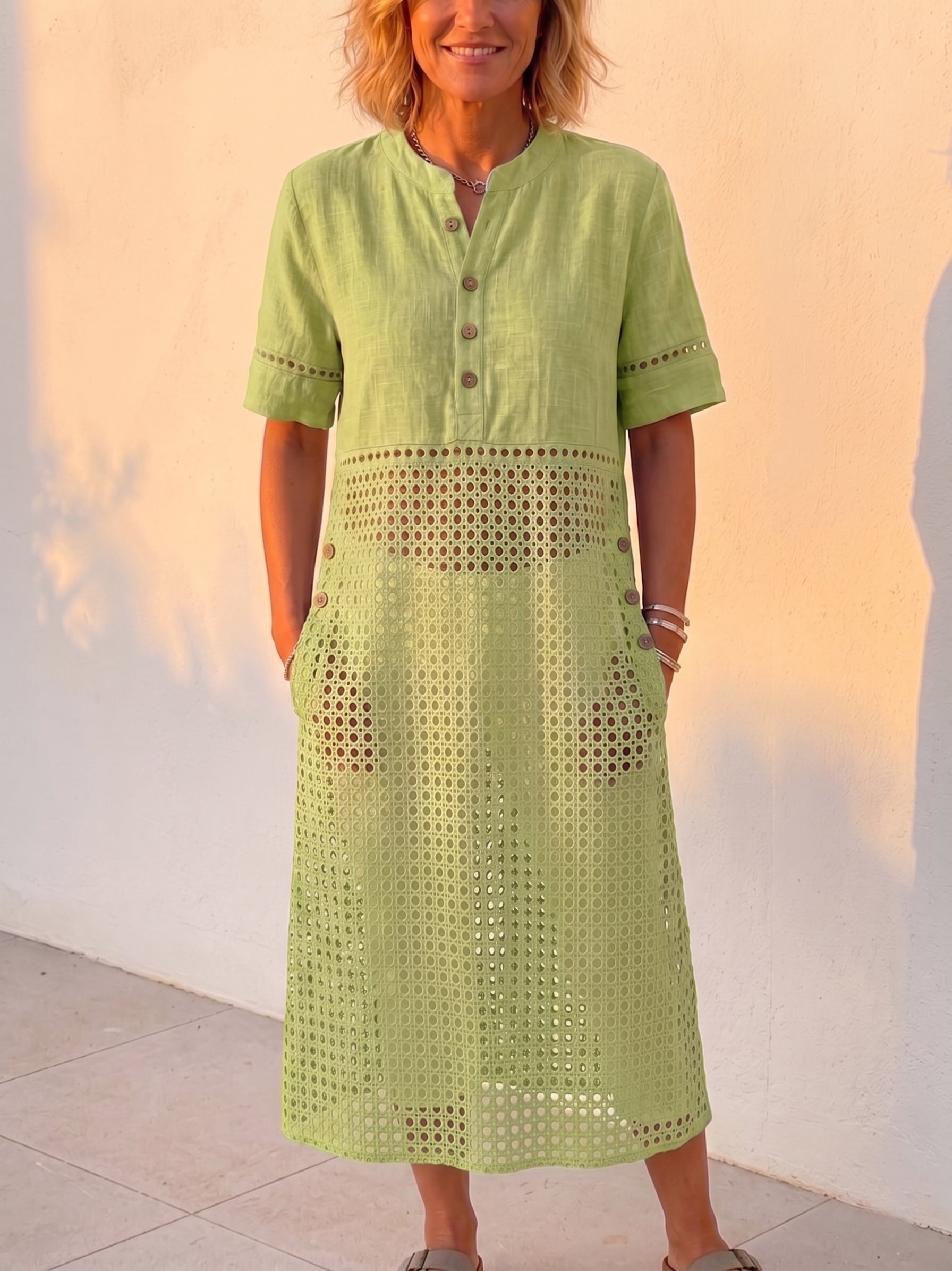 New Arrivals🔥 Vintage Eyelet Lace-Up Linen-Blend Shirt Dress, Loose Midi