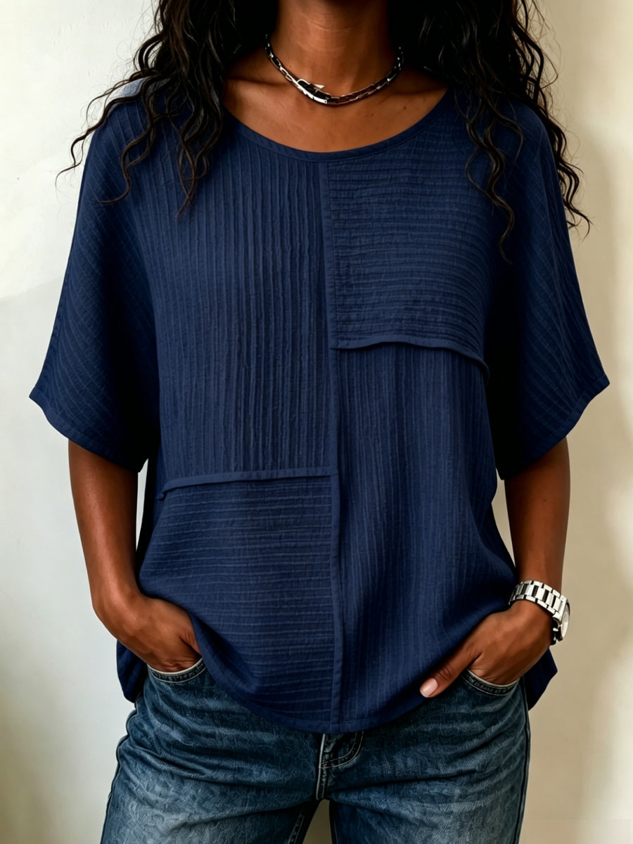🔥 CLEARANCE SALE🔥 Women's Textured Patchwork Top with Round Neck and Short Sleeves