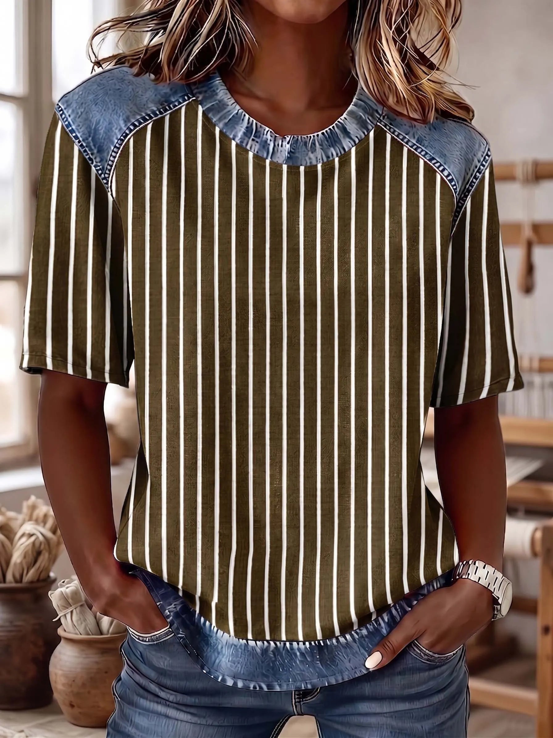 The "Effortless Chic" Denim-Contrast Stripe Tee
