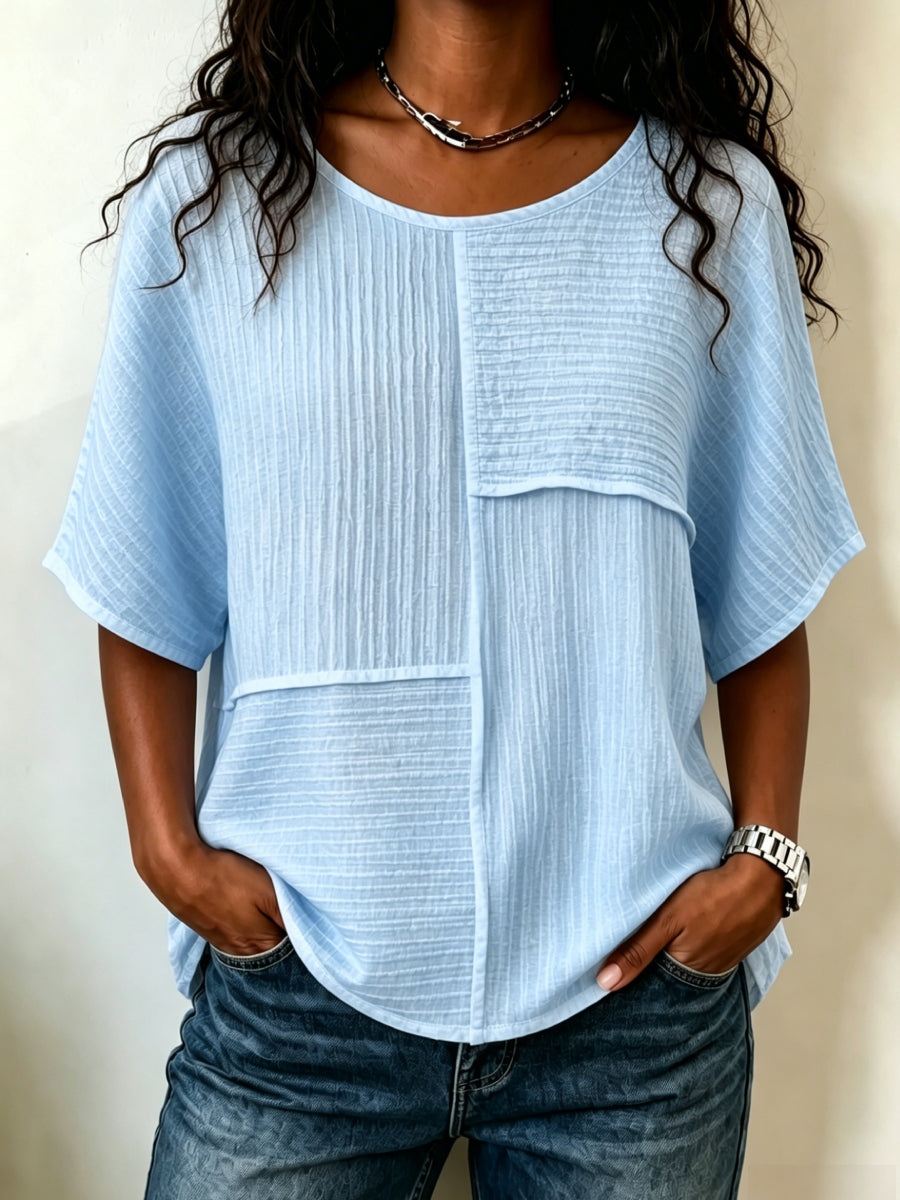 🔥 CLEARANCE SALE🔥 Women's Textured Patchwork Top with Round Neck and Short Sleeves