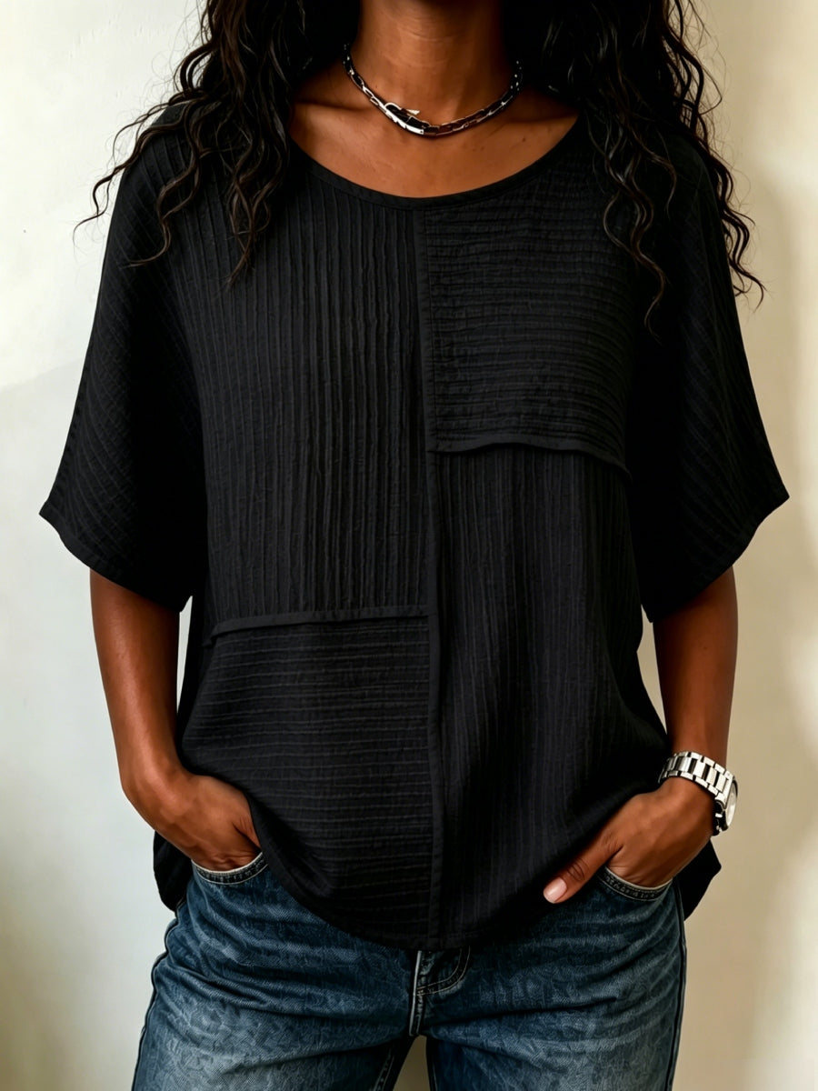 🔥 CLEARANCE SALE🔥 Women's Textured Patchwork Top with Round Neck and Short Sleeves