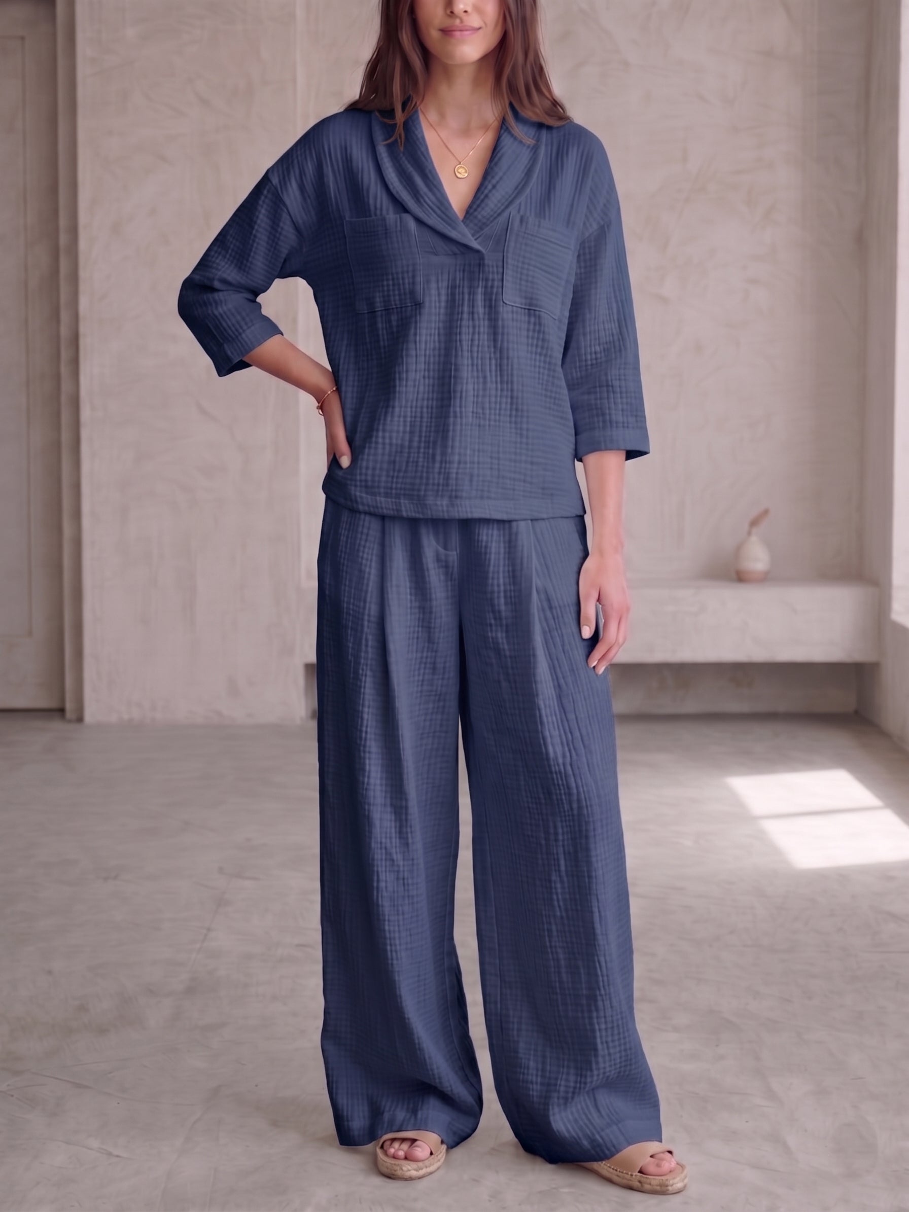 🌟 Clearance Sale🔥 Women's Peter Pan Collar V-Neck 3/4-Sleeve Cotton-Linen Two-Piece Set