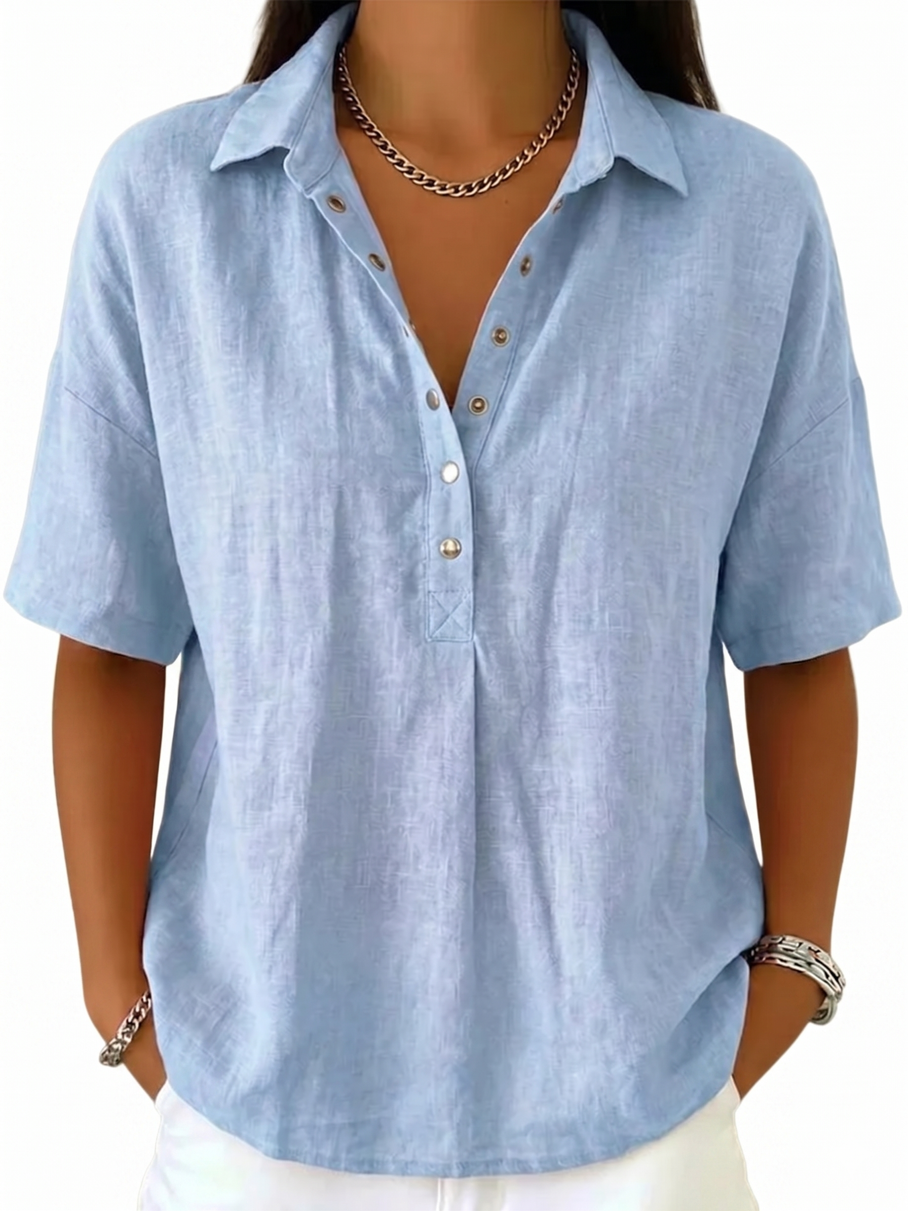Women's Classic Linen Shirt Collar Short Sleeve Shirt T Shirts