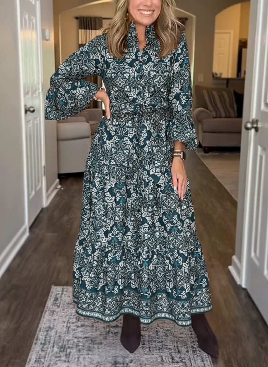 NEW🔥 Vintage Printed Long Sleeve Dress with Tie Belt
