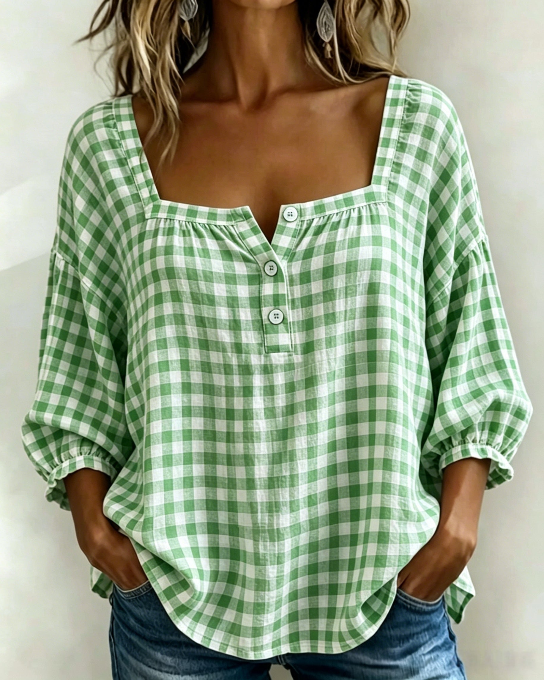 Vintage Gingham Square-Neck Blouse