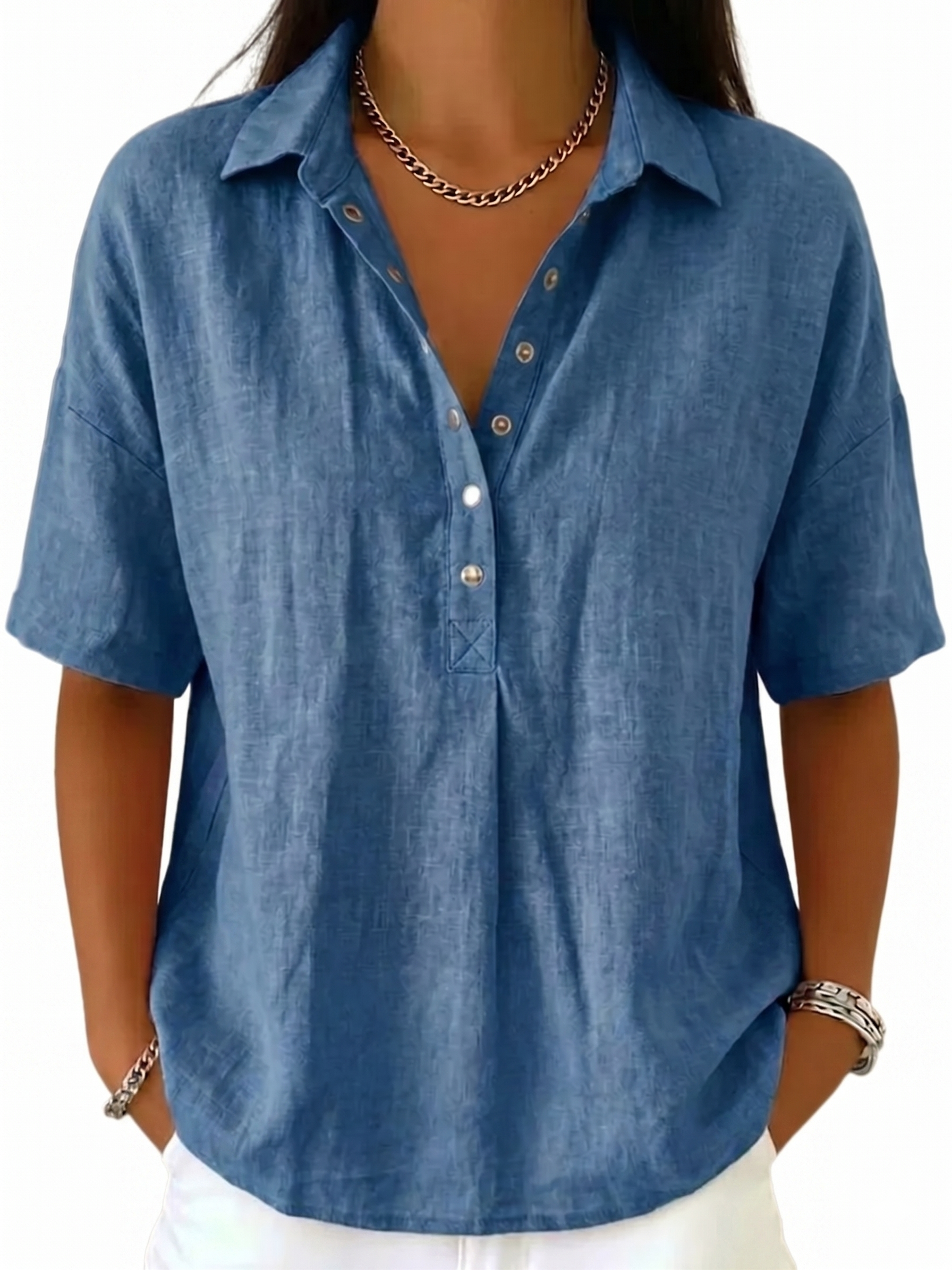 Women's Classic Linen Shirt Collar Short Sleeve Shirt T Shirts