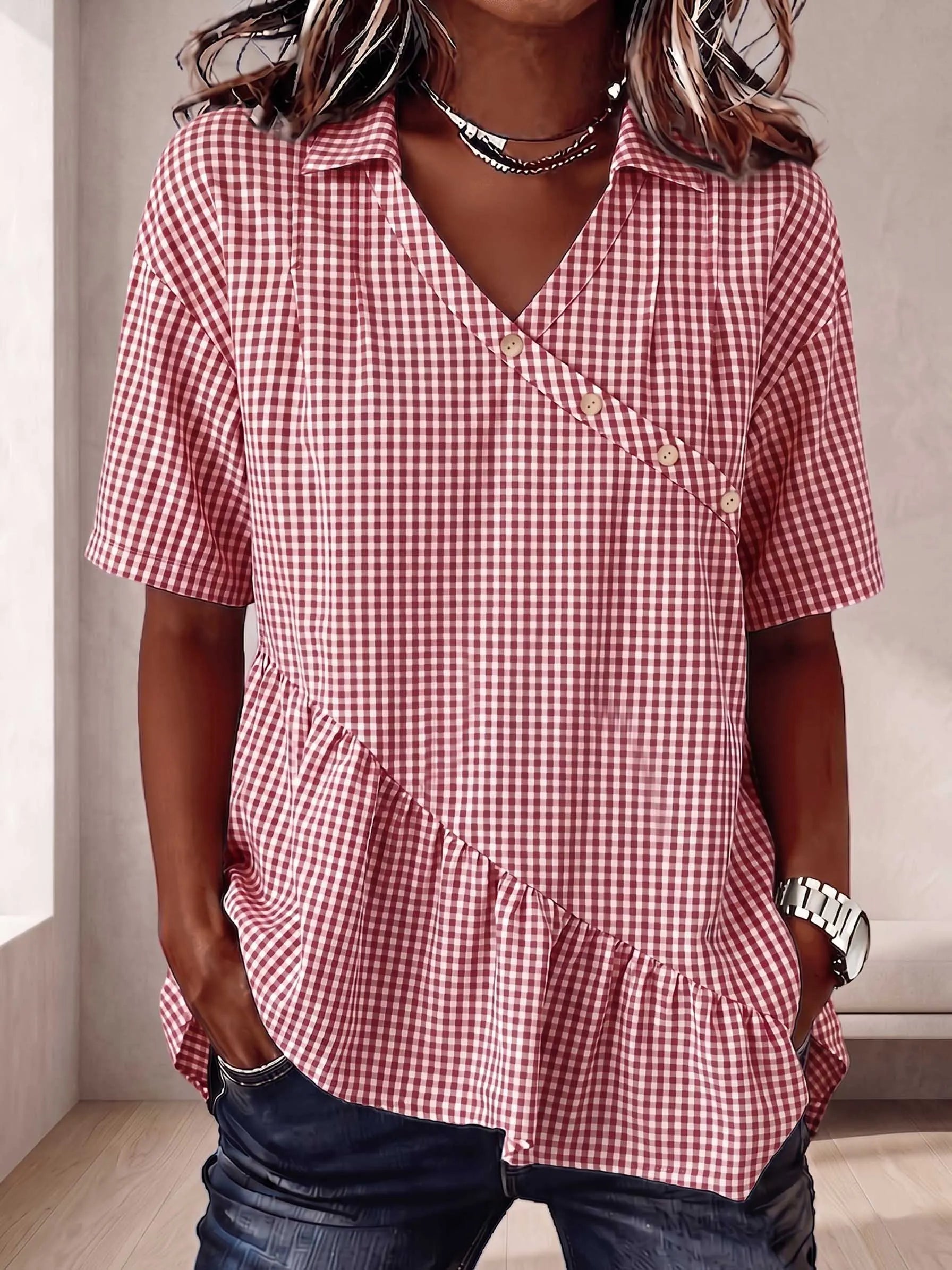 The Heritage Gingham Asymmetrical Peplum Blouse
