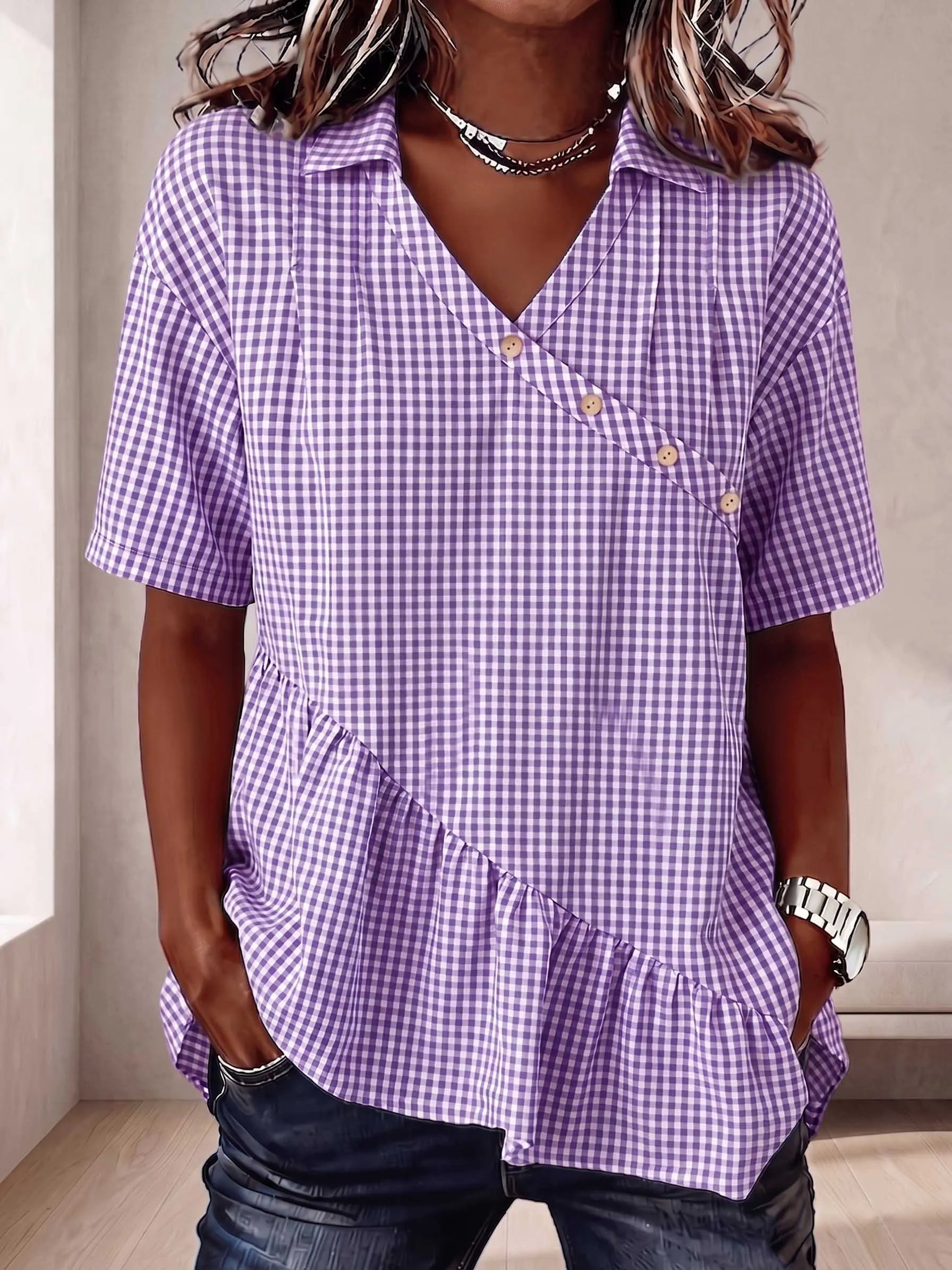 The Heritage Gingham Asymmetrical Peplum Blouse
