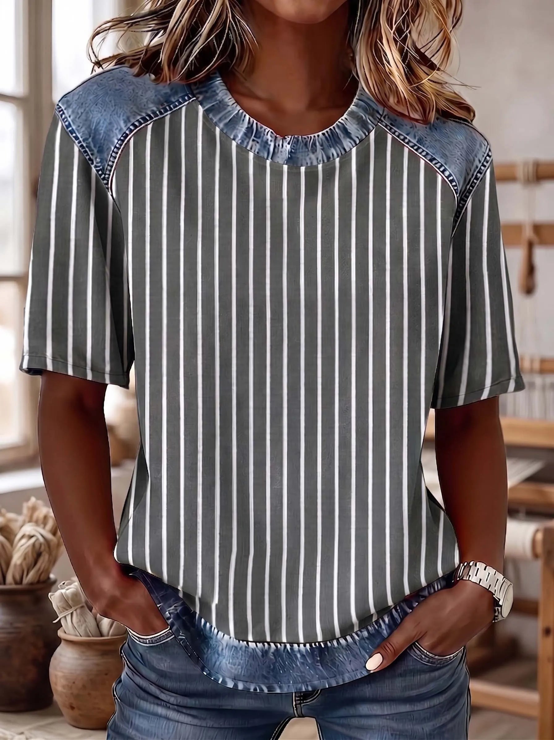 The "Effortless Chic" Denim-Contrast Stripe Tee