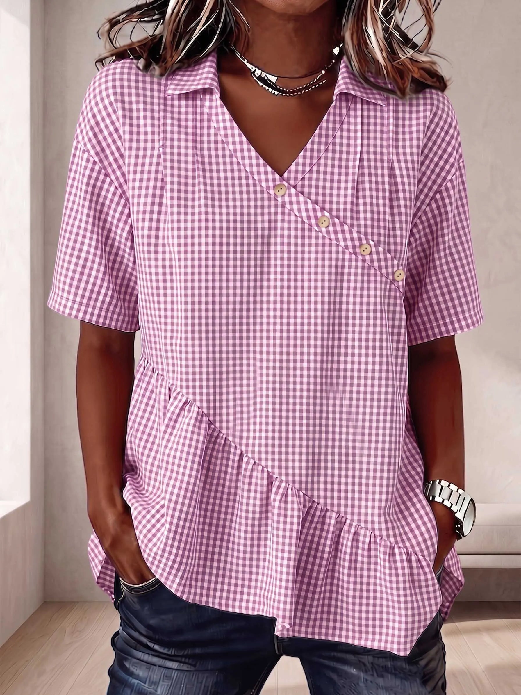 The Heritage Gingham Asymmetrical Peplum Blouse