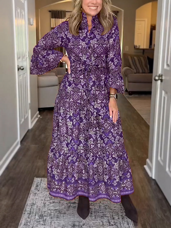 NEW🔥 Vintage Printed Long Sleeve Dress with Tie Belt