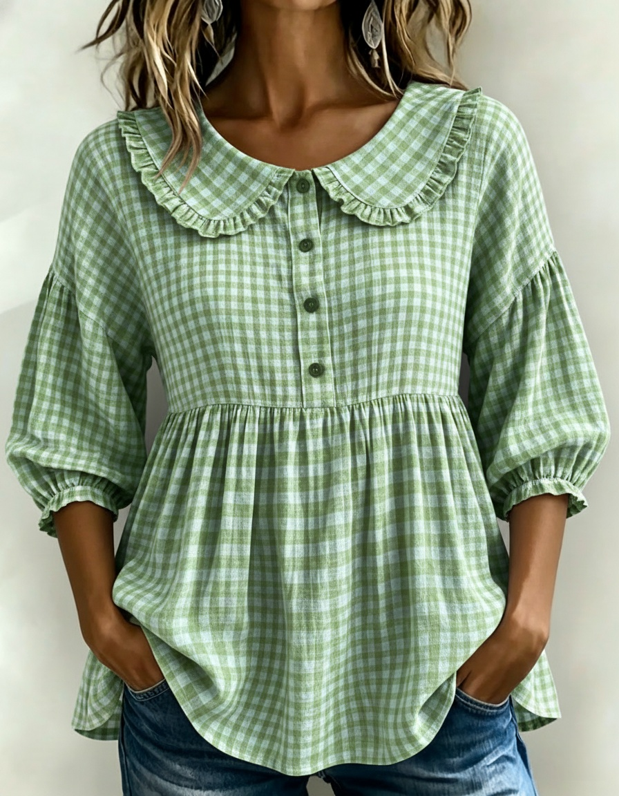 Women's Puff Sleeve Peplum Gingham Blouse