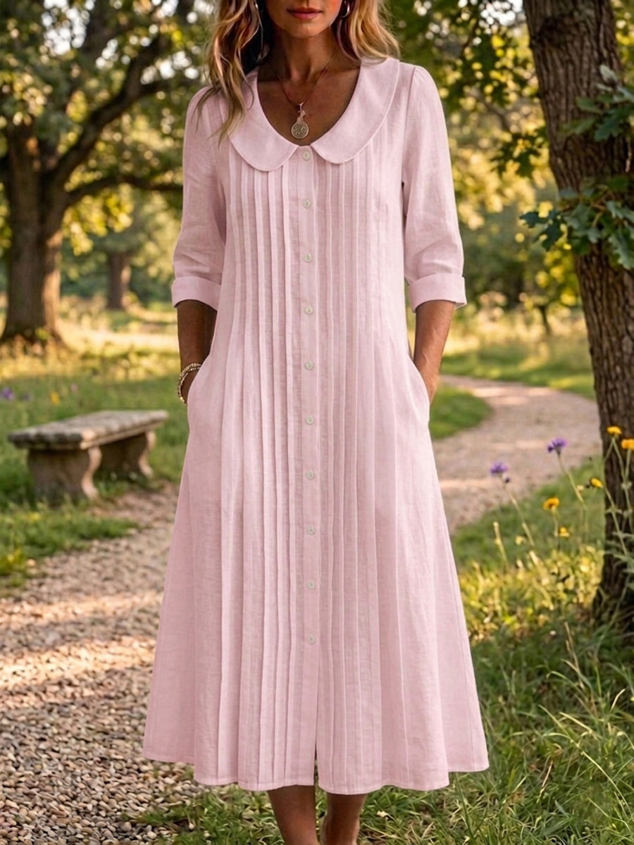 New Arrivals🔥 Women's Peter Pan Collar Casual Loose Pleated Cotton And Linen Dress Linen maxi Dresses