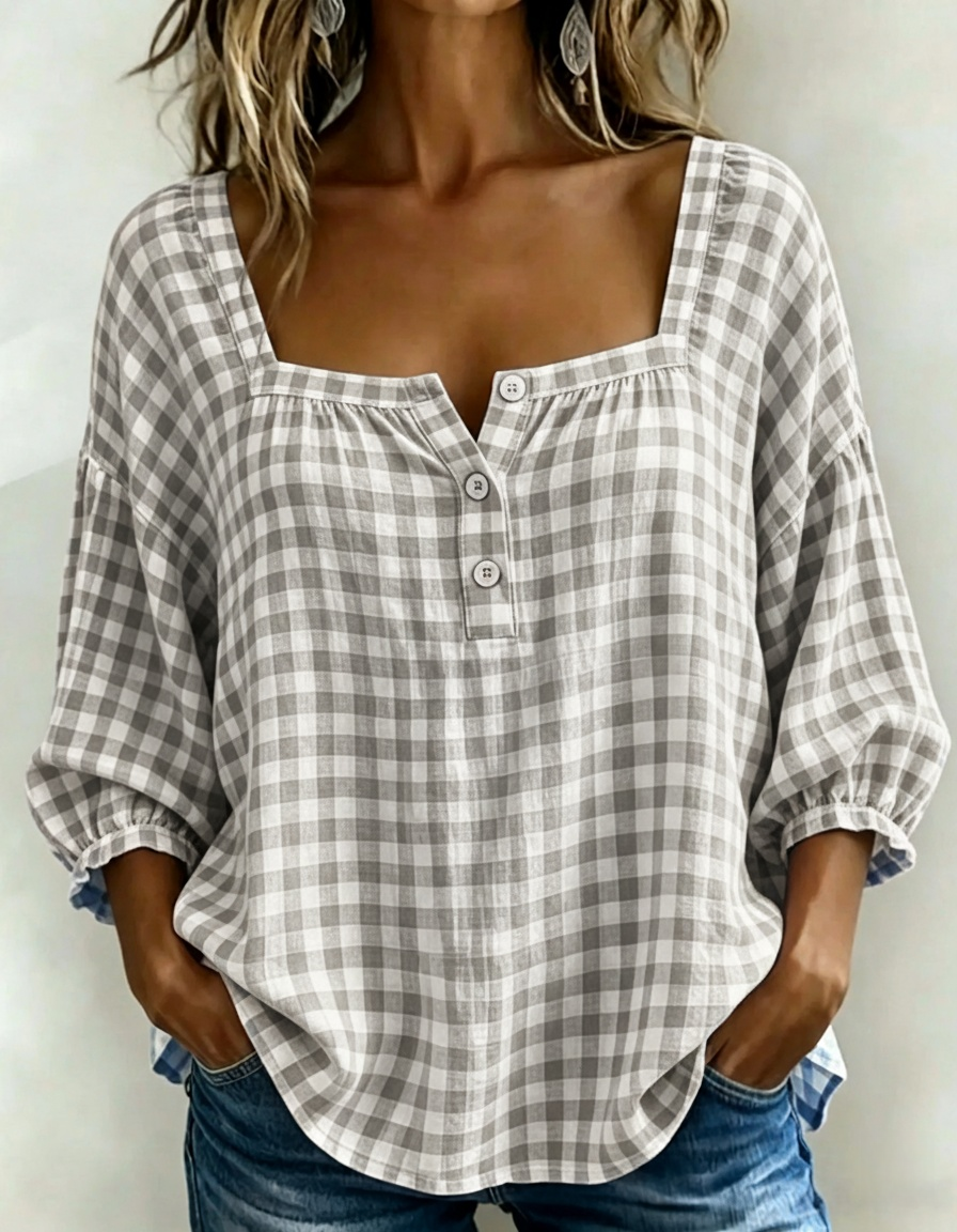 Vintage Gingham Square-Neck Blouse