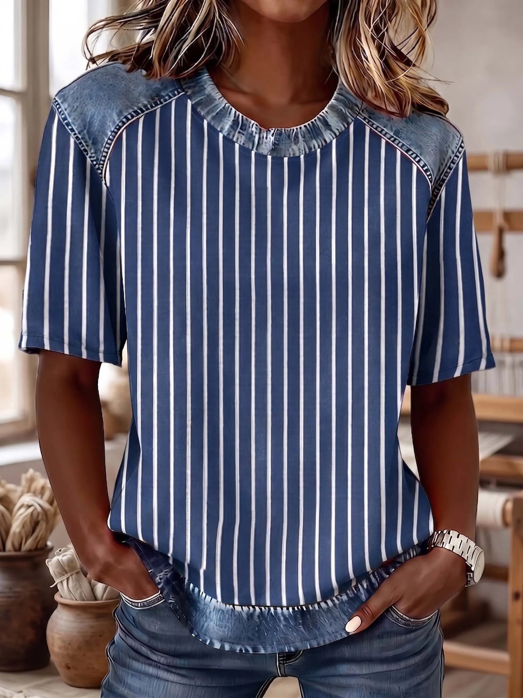 The "Effortless Chic" Denim-Contrast Stripe Tee