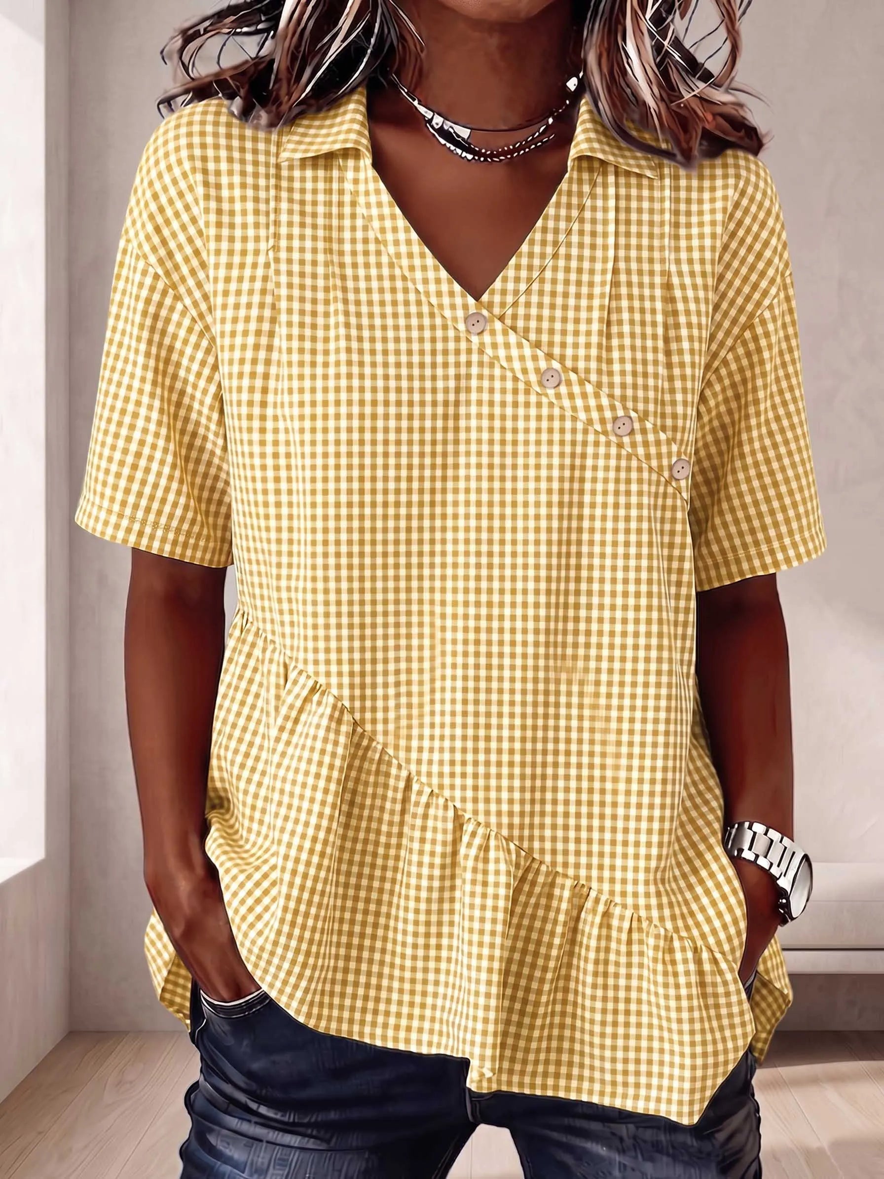 The Heritage Gingham Asymmetrical Peplum Blouse