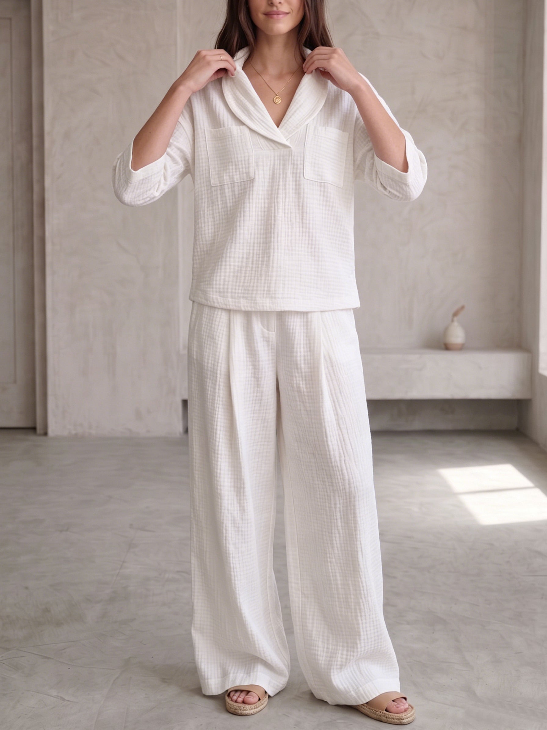 🌟 Clearance Sale🔥 Women's Peter Pan Collar V-Neck 3/4-Sleeve Cotton-Linen Two-Piece Set
