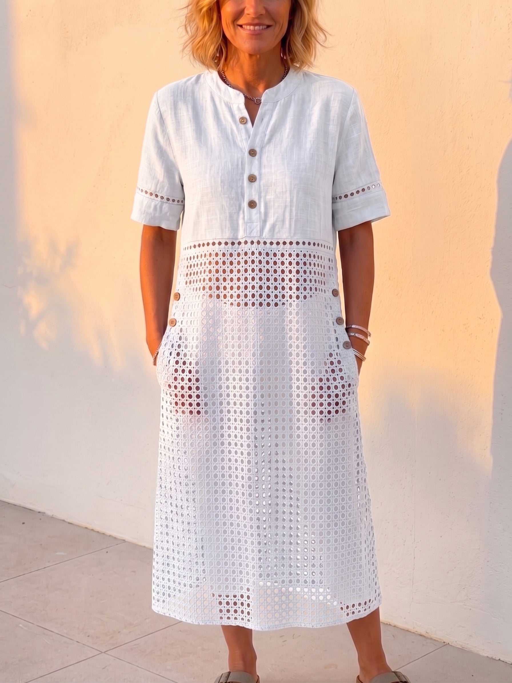 New Arrivals🔥 Vintage Eyelet Lace-Up Linen-Blend Shirt Dress, Loose Midi