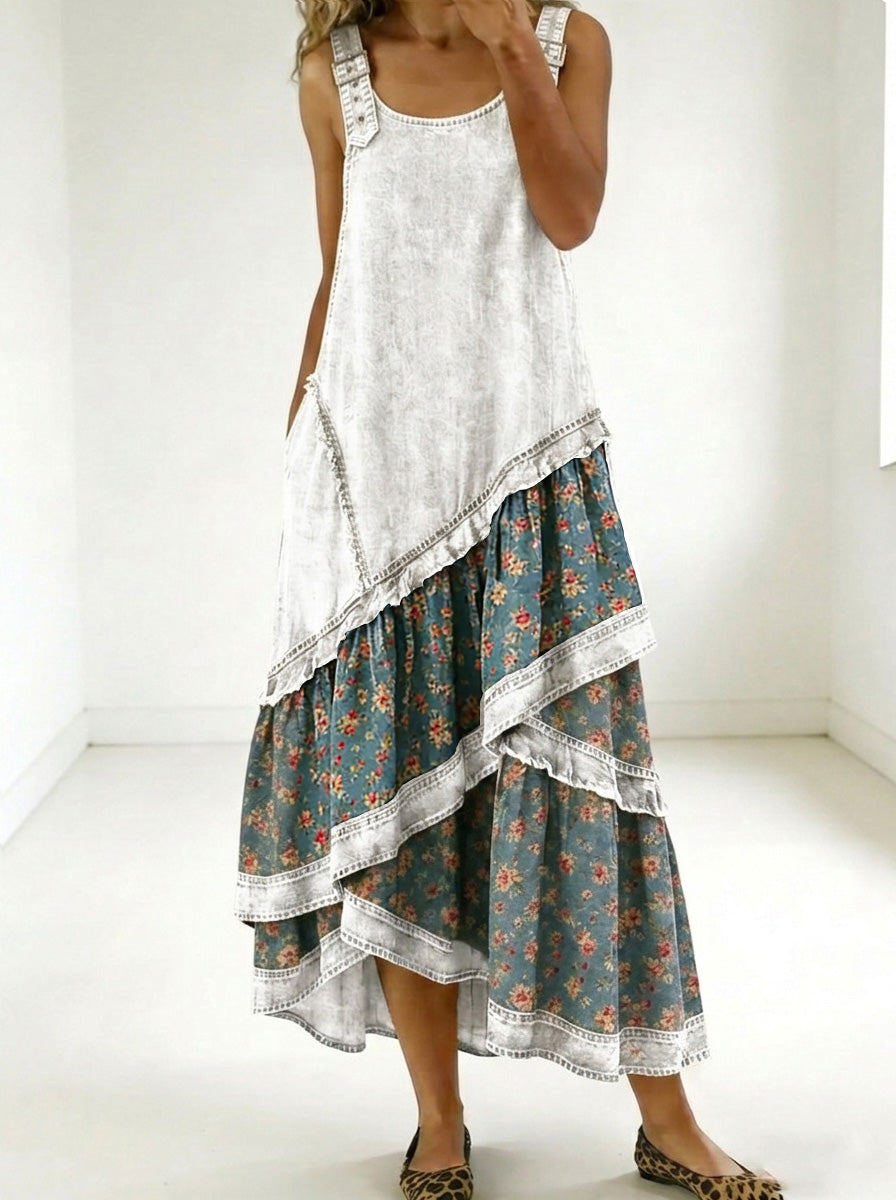 New Arrivals🔥 Women's Fashion Floral Denim Design Sleeveless Multi-layered Ruffled Strap Dress