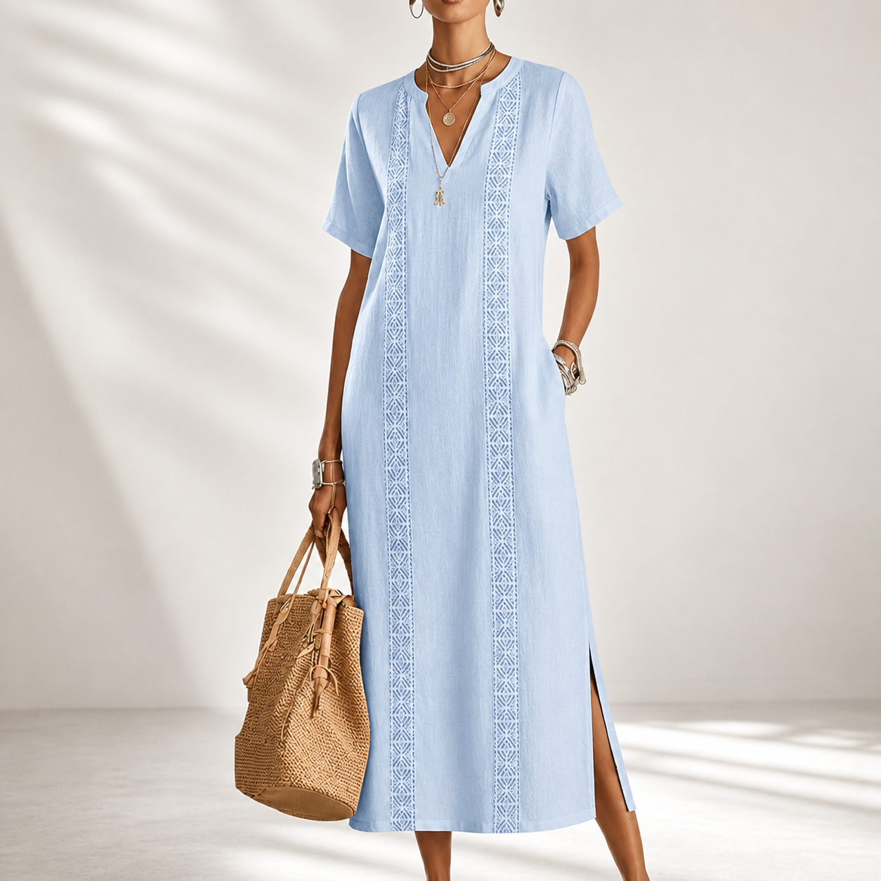 Boho Chic Embroidered V-Neck Midi Dress – Effortless Elegance for Every Occasion