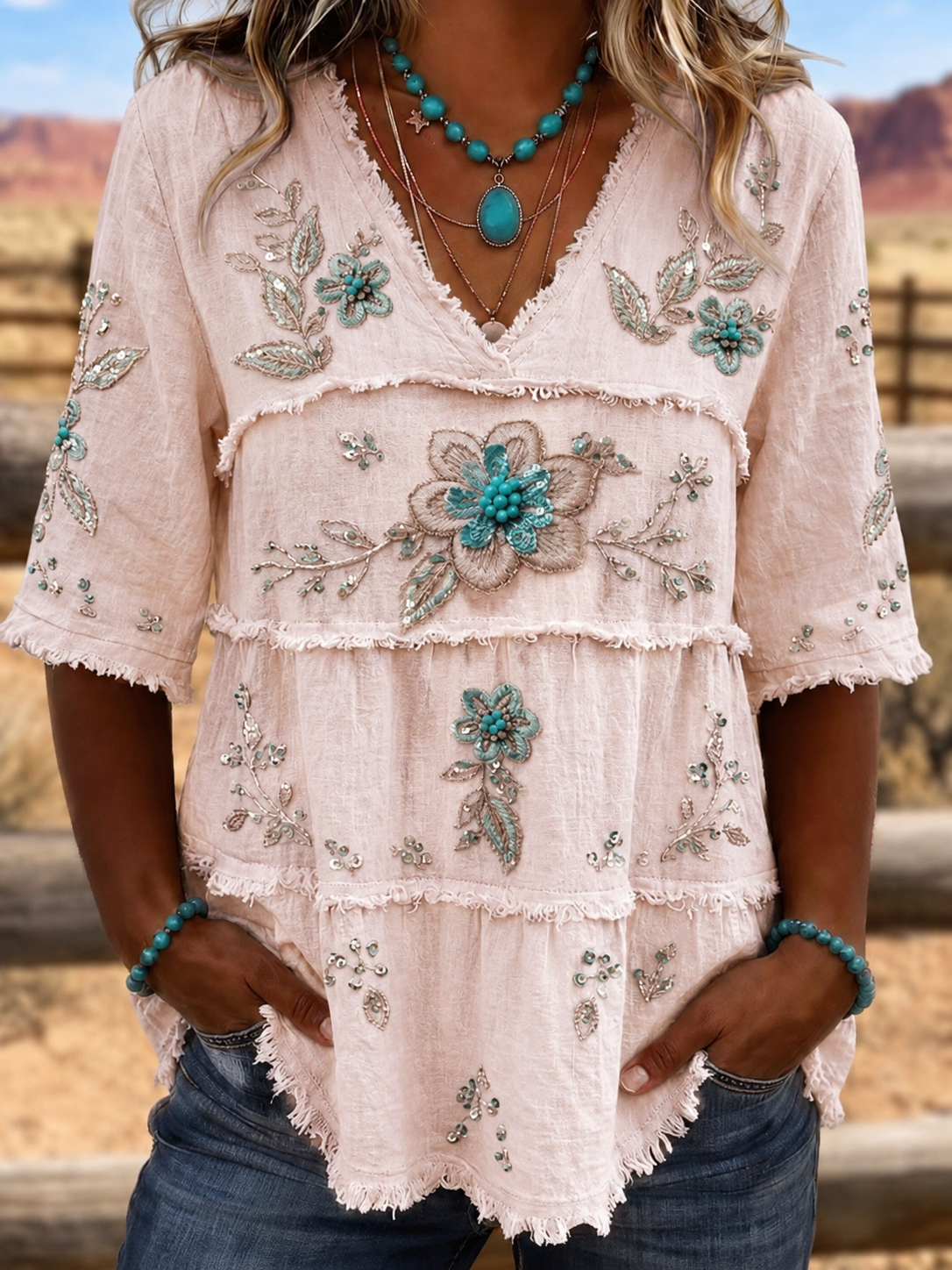 Vintage Art  Patchwork Cotton Linen Shirt