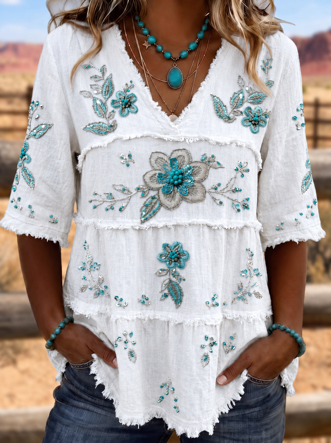 Vintage Art  Patchwork Cotton Linen Shirt