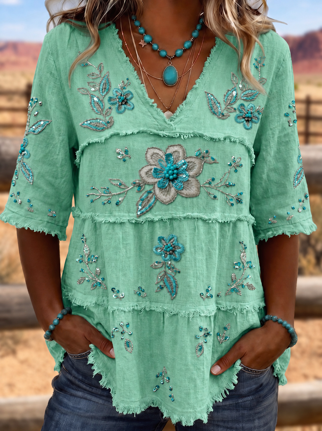 Vintage Art  Patchwork Cotton Linen Shirt