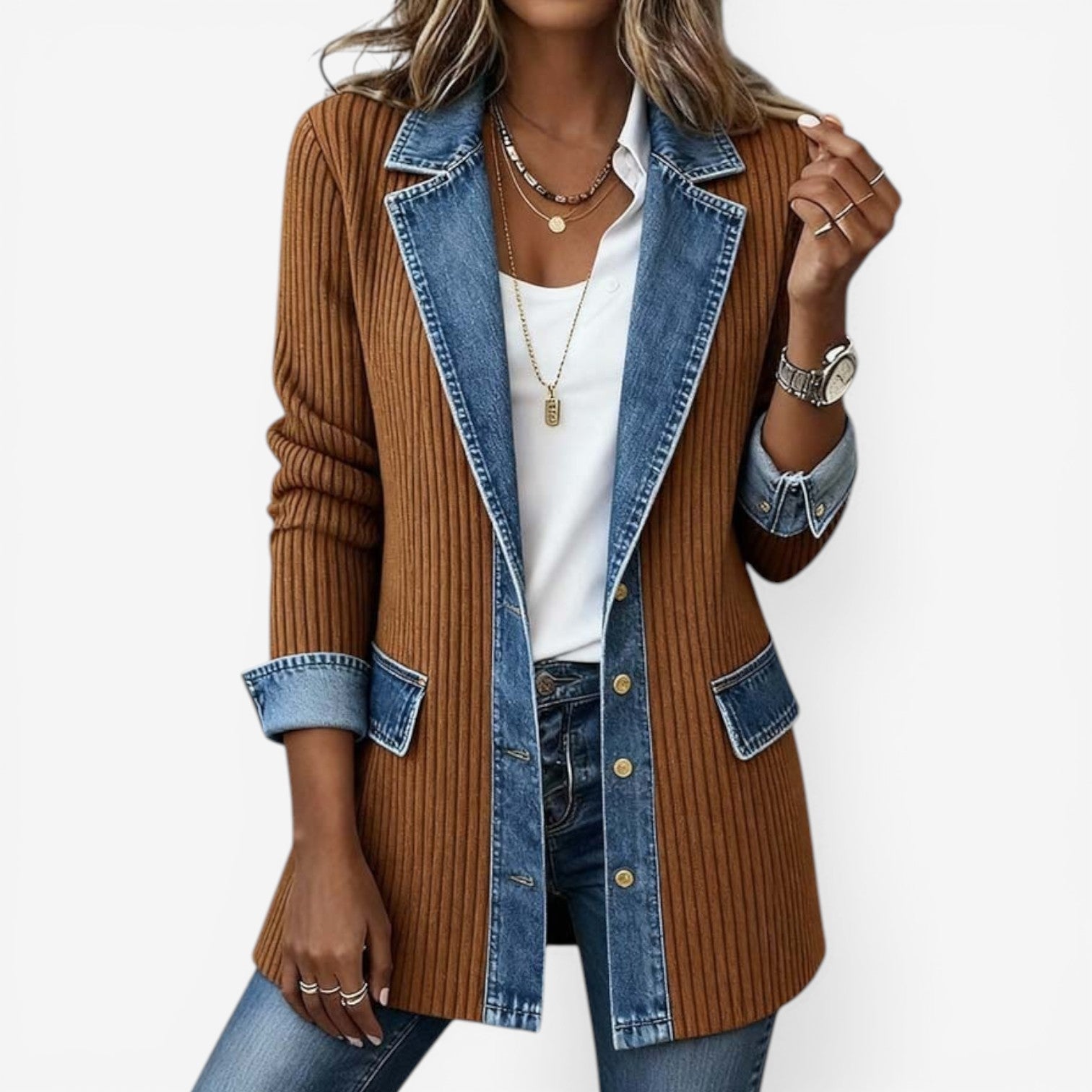 Elegant Mixed Media Denim Knit Cardigan Open Front Lapel Sweater Coat Mid Length Comfort Fit Outerwear