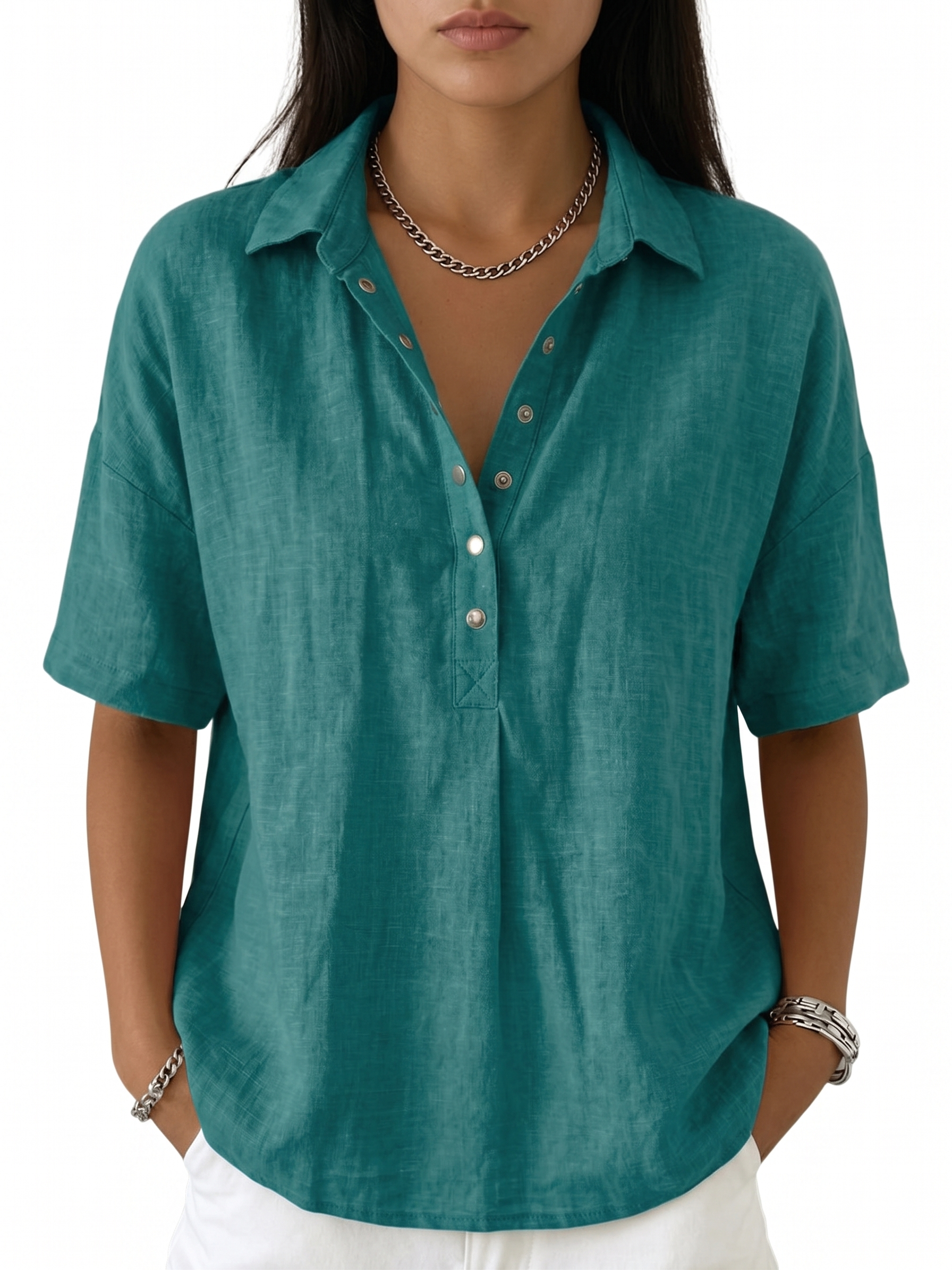 Women's Classic Linen Shirt Collar Short Sleeve Shirt T Shirts