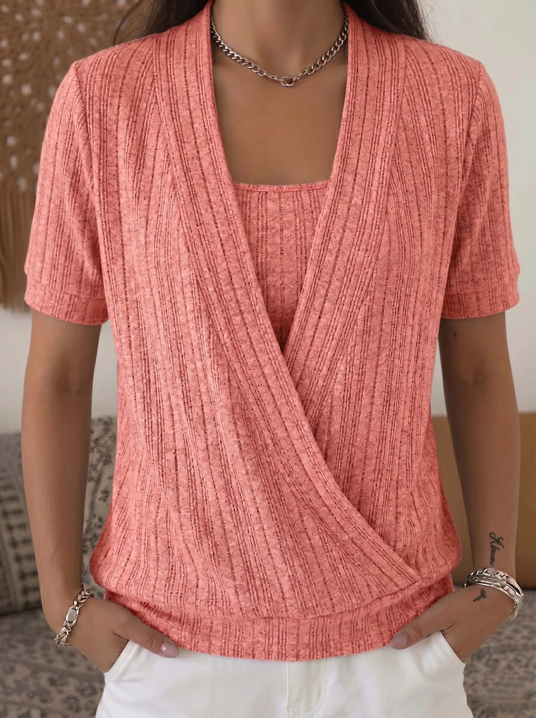 🌊 Fashion Striped Waffle Crossover Textured Knit Top