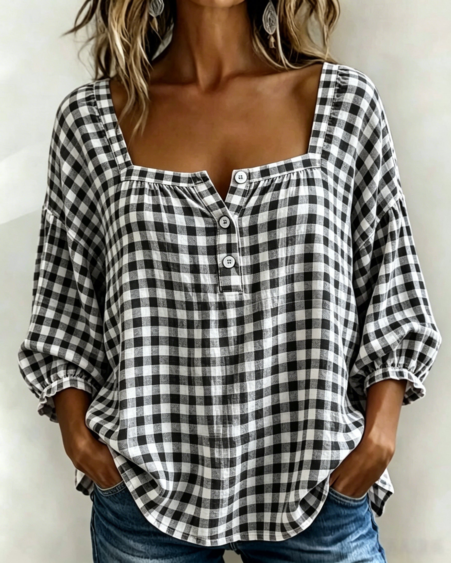 Vintage Gingham Square-Neck Blouse