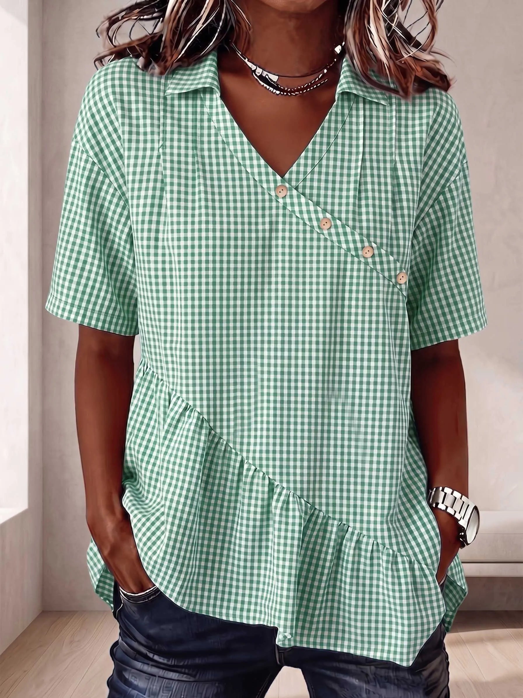 The Heritage Gingham Asymmetrical Peplum Blouse