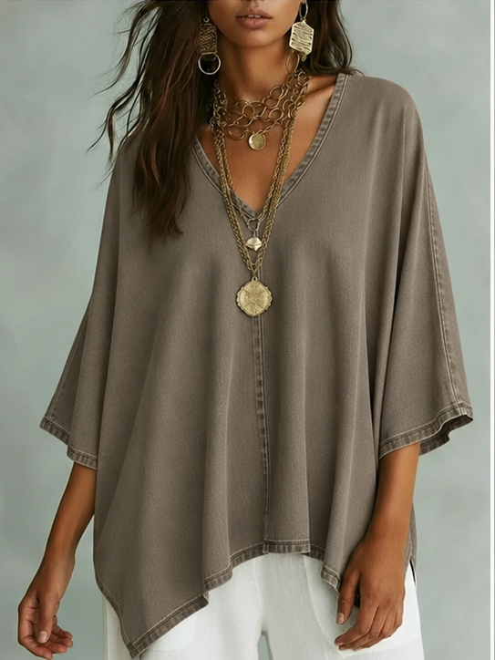 Loose-Fit V-Neck Denim Top – Loose Fit & Plus-Size Friendly