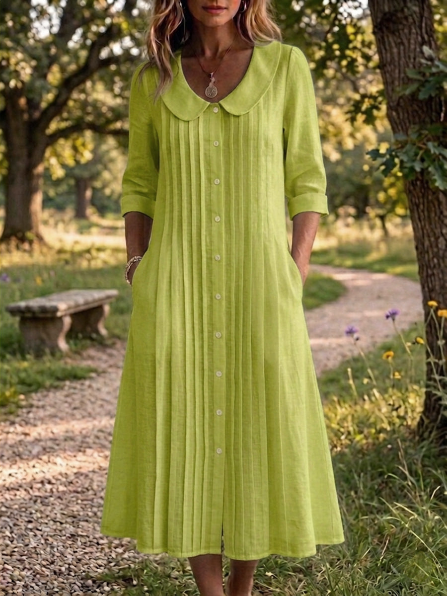 New Arrivals🔥 Women's Peter Pan Collar Casual Loose Pleated Cotton And Linen Dress Linen maxi Dresses