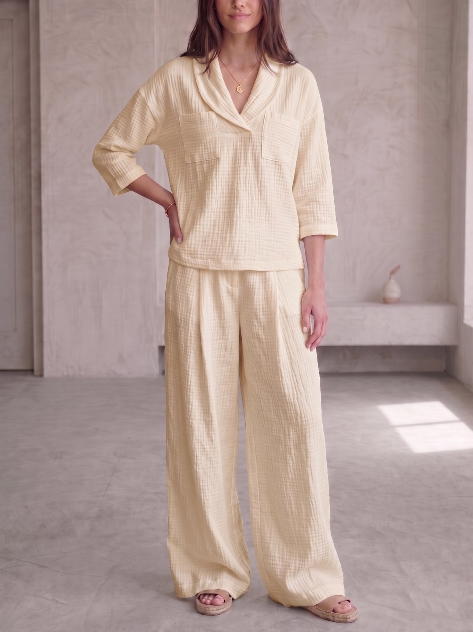 🌟 Clearance Sale🔥 Women's Peter Pan Collar V-Neck 3/4-Sleeve Cotton-Linen Two-Piece Set
